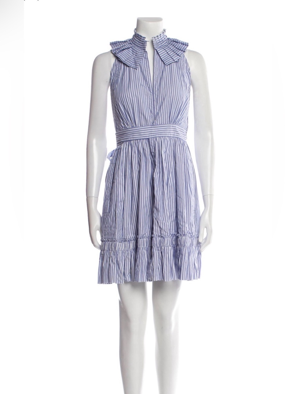 Alexis Sleeveless Blue and White Striped Ruffle Collar Dress size small